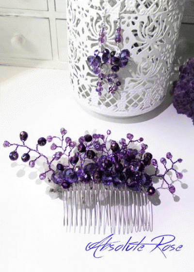 Дизайнерски Гребен- украса за коса тъмно лилави кристали комплект с обици модел Purple Passion